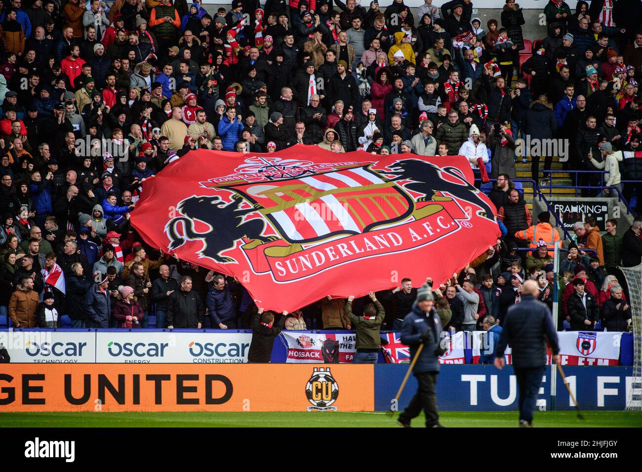 BOLTON, REGNO UNITO. GENNAIO 29th i fan di Sunderland con il loro banner durante la partita della Sky Bet League 1 tra Bolton Wanderers e Sunderland al Reebok Stadium di Bolton sabato 29th gennaio 2022. (Credit: Ian Charles | MI News) Credit: MI News & Sport /Alamy Live News Foto Stock