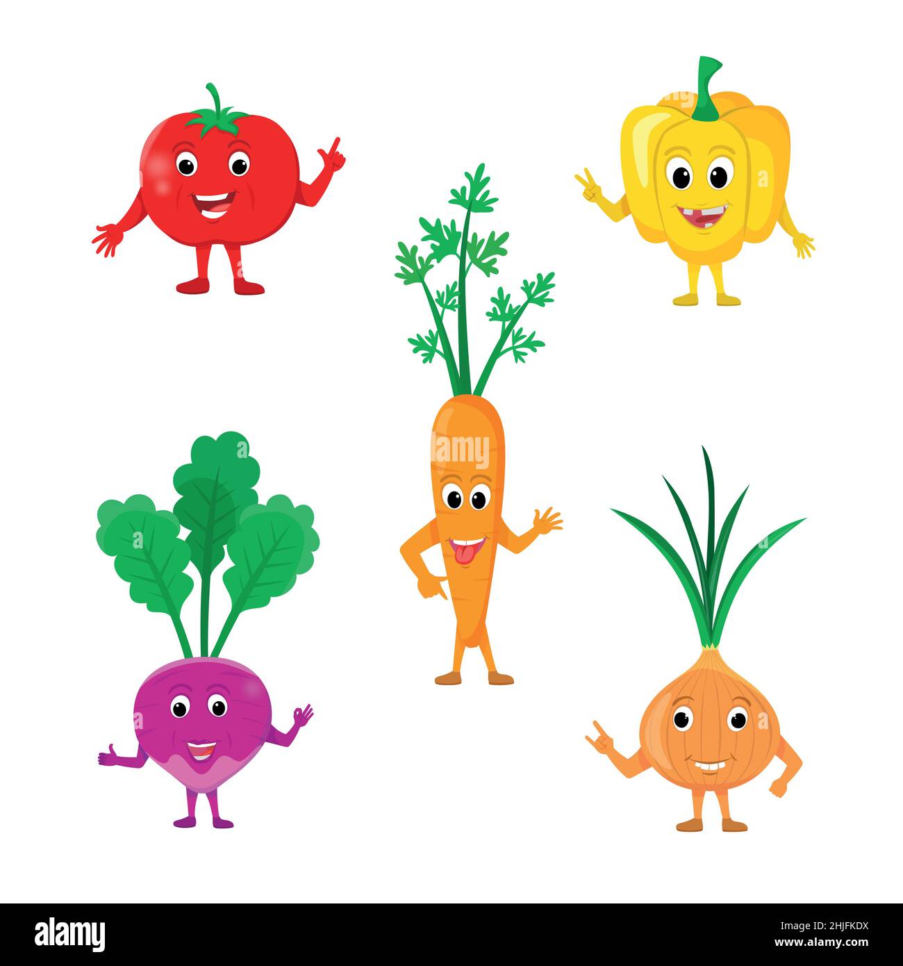Set di diversi simpatici personaggi di verdure felici. Verdure gustose divertenti, cartoon Happy Vegetable volti character set, pomodoro, carota, pepe, cipolla Illustrazione Vettoriale