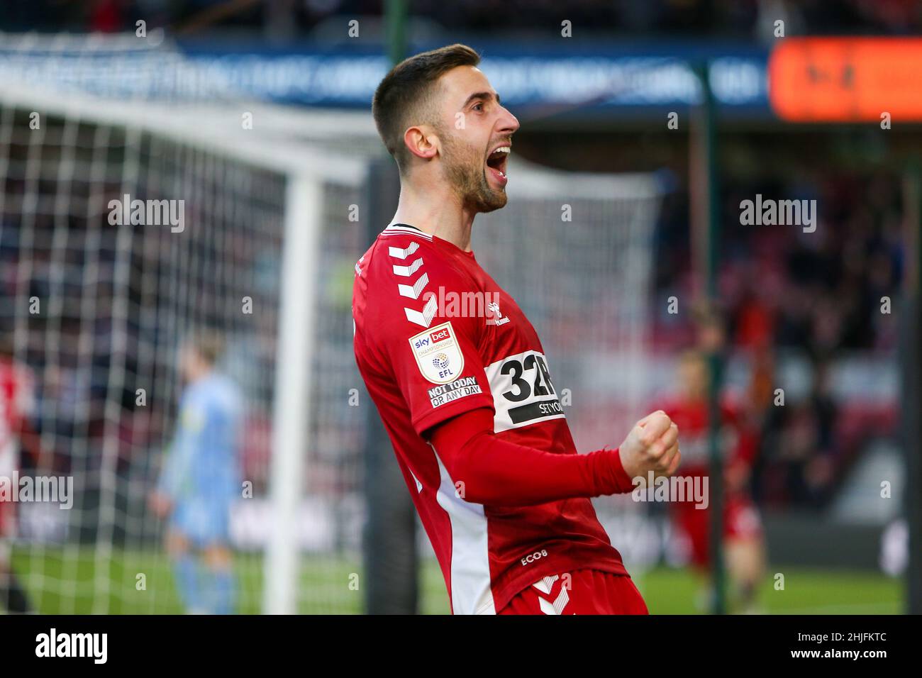 MIDDLESBROUGH, REGNO UNITO. JAN 29th il Andraž Šporar di Middlesbrough celebra il suo obiettivo durante la partita del Campionato Sky Bet tra Middlesbrough e Coventry City al Riverside Stadium di Middlesbrough sabato 29th gennaio 2022. (Credit: Michael driver | MI News ) Credit: MI News & Sport /Alamy Live News Foto Stock