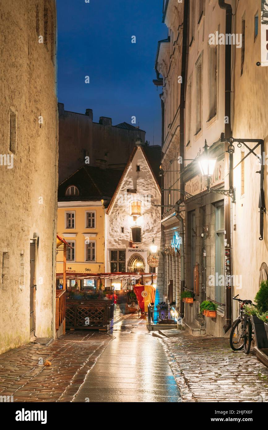 Tallinn, Estonia. Vista su Raekoja Street con antiche case medievali in serata luci notturne. Belle stradine antiche della capitale estone Foto Stock