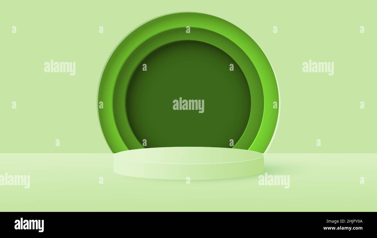 Scena minimale con un podio cilindrico verde e una cornice rotonda in toni verdi. Fase per la dimostrazione del prodotto, vetrina. Vettore Illustrazione Vettoriale