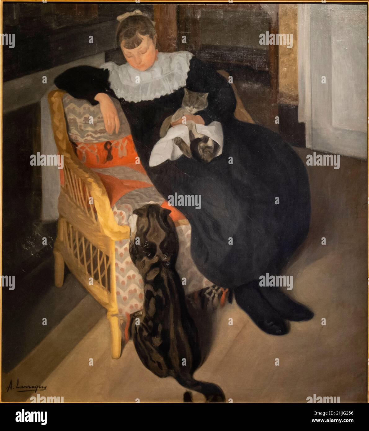 Ángel Larroque, Girl whit a Cat, 1895, olio su tela, Museo de Bellas Artes, Bilbao, Spagna Foto Stock
