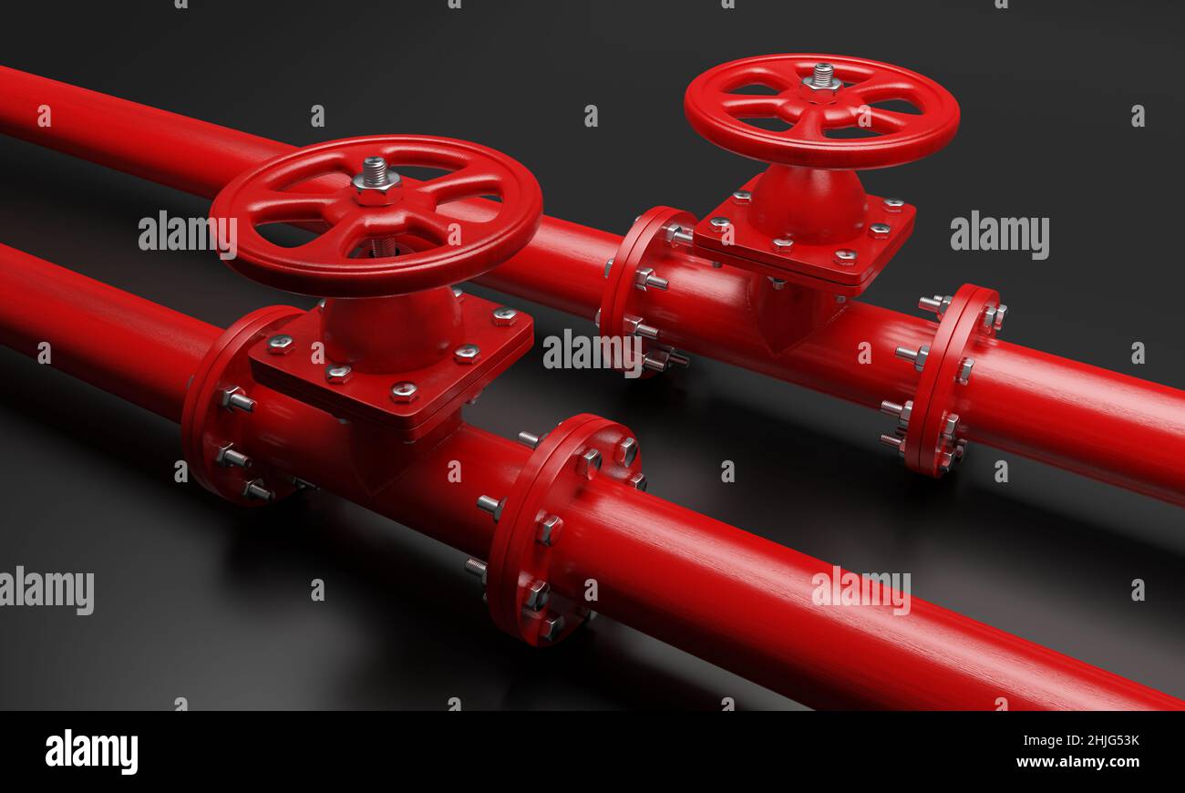 Tubazioni rosse con ruota della valvola su sfondo nero. Pipeline industriali per l'acqua antincendio, vista in primo piano, dettaglio. 3d rendering Foto Stock