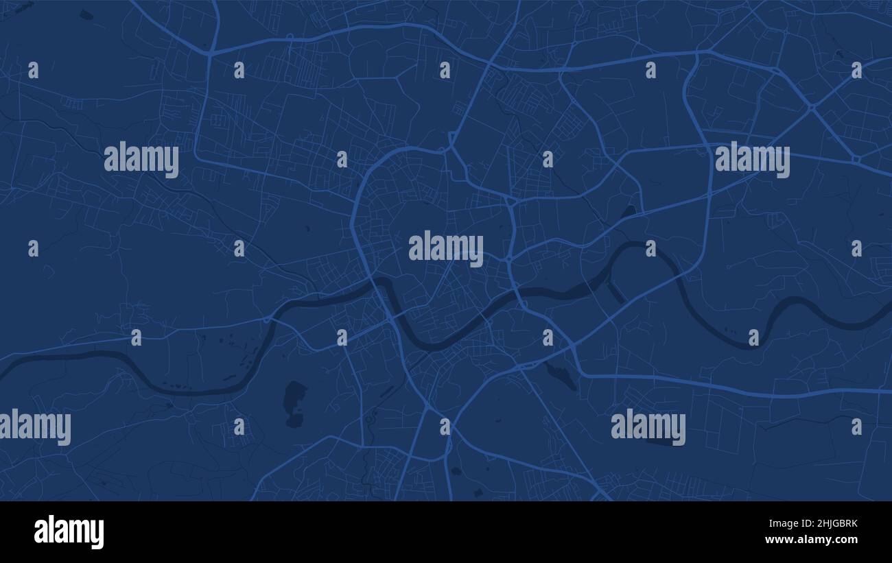 Blu scuro Kraków area della città vettore sfondo mappa, strade e acqua illustrazione. Formato widescreen, roadmap digitale con design piatto. Illustrazione Vettoriale