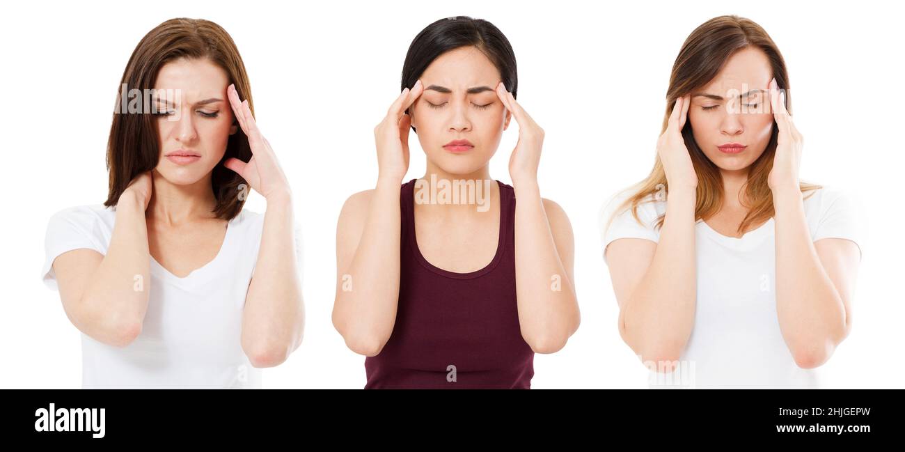 donne con mal di testa isolato su bianco, soffrendo asiatico e donna caucasica, soffrono la gente Foto Stock