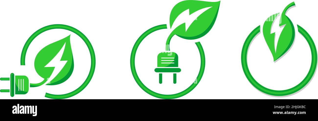 Icone del pulsante di avviamento ECO impostate. Transizione energetica verde. Conservazione dell'ambiente. Vettore su sfondo trasparente Illustrazione Vettoriale