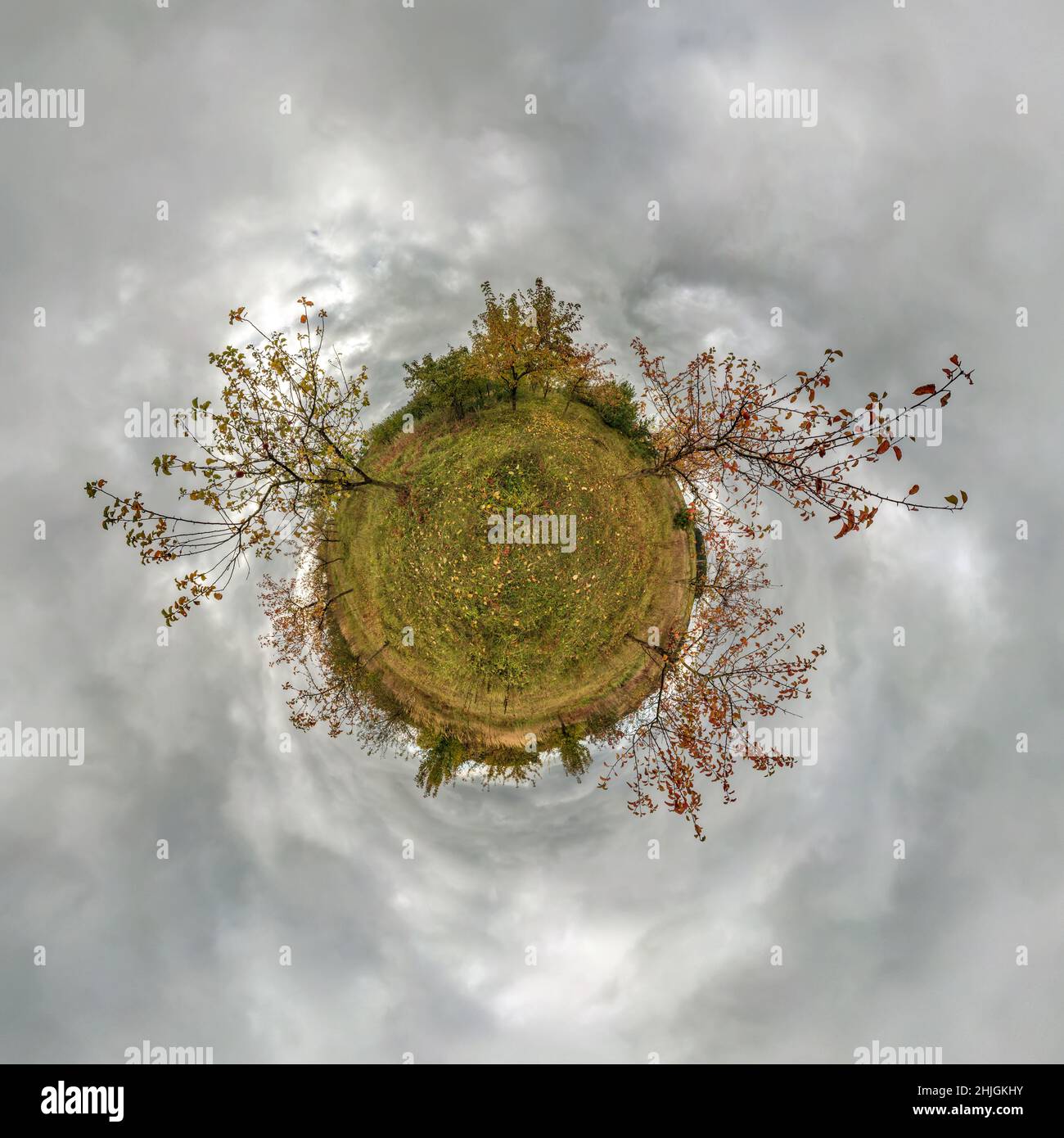 Piccolo pianeta sferico panorama 360 gradi. Vista aerea sferica in autunno melo giardino frutteto. Curvatura dello spazio Foto Stock