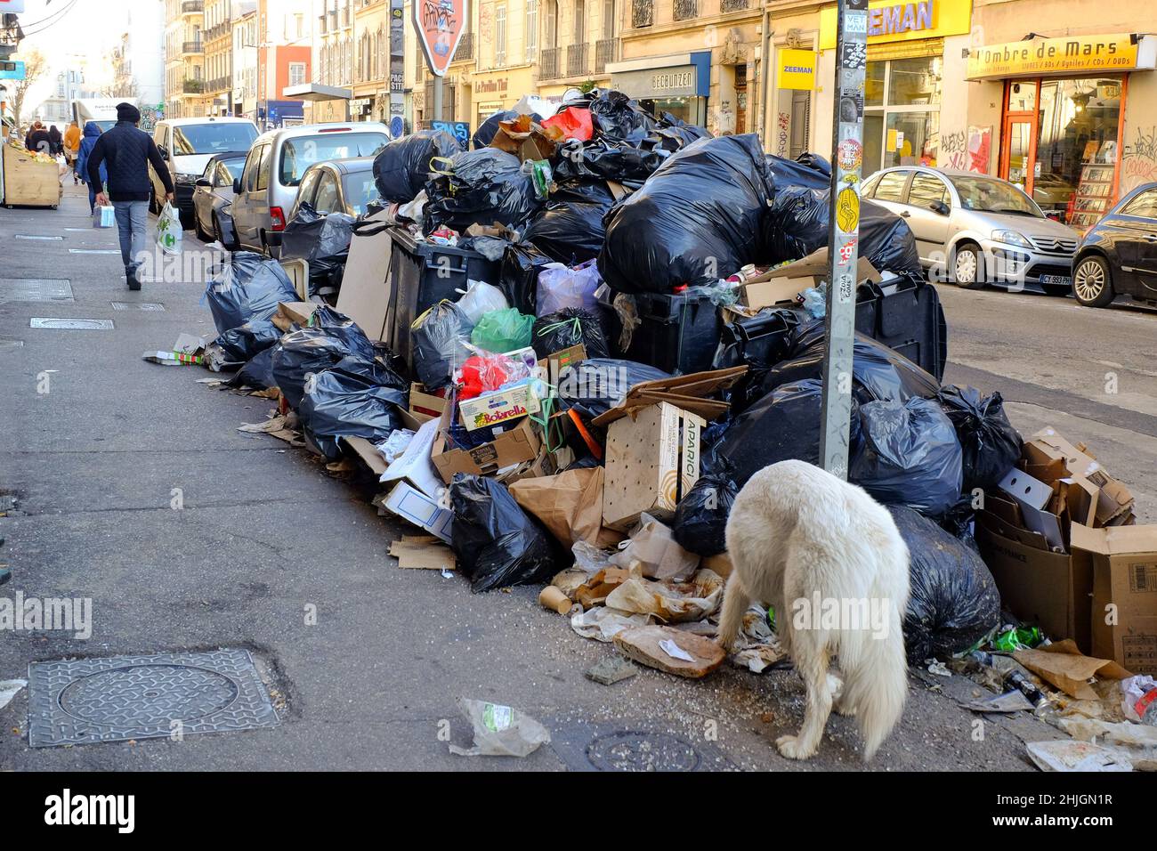 Marsiglia, Francia. 29th Jan 2022. La spazzatura non raccolta si accumula in alcuni distretti della città di Marseille.at la chiamata del sindacato F.O (forza Ouvrière), i raccoglitori di rifiuti della città di Marsiglia (Francia) è andato in sciopero e ha chiesto l'armonizzazione delle retribuzioni degli agenti di Marsiglia con quelli dei raccoglitori di rifiuti in tutta la metropoli. Credit: SOPA Images Limited/Alamy Live News Foto Stock