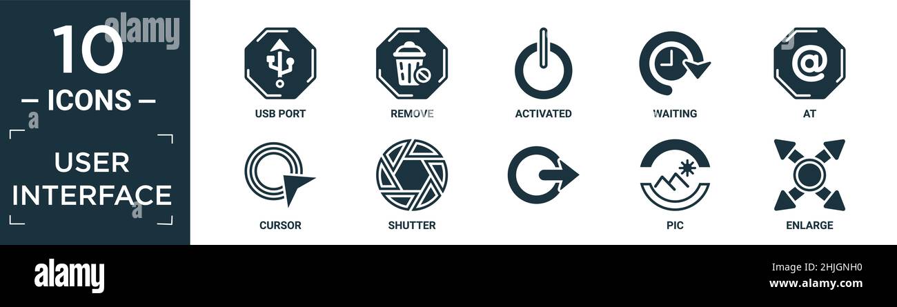set di icone dell'interfaccia utente pieno. contiene porta usb piatta, rimuovi, attivato, in attesa, alle, cursore, otturatore, , foto, ingrandire le icone in formato modificabile. Illustrazione Vettoriale