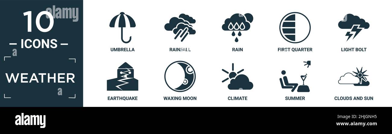 set di icone di tempo pieno. contiene ombrello piatto, pioggia, pioggia, primo quarto, bullone leggero, terremoto, luna ceretta, clima, estate, nuvole e sole ic Illustrazione Vettoriale