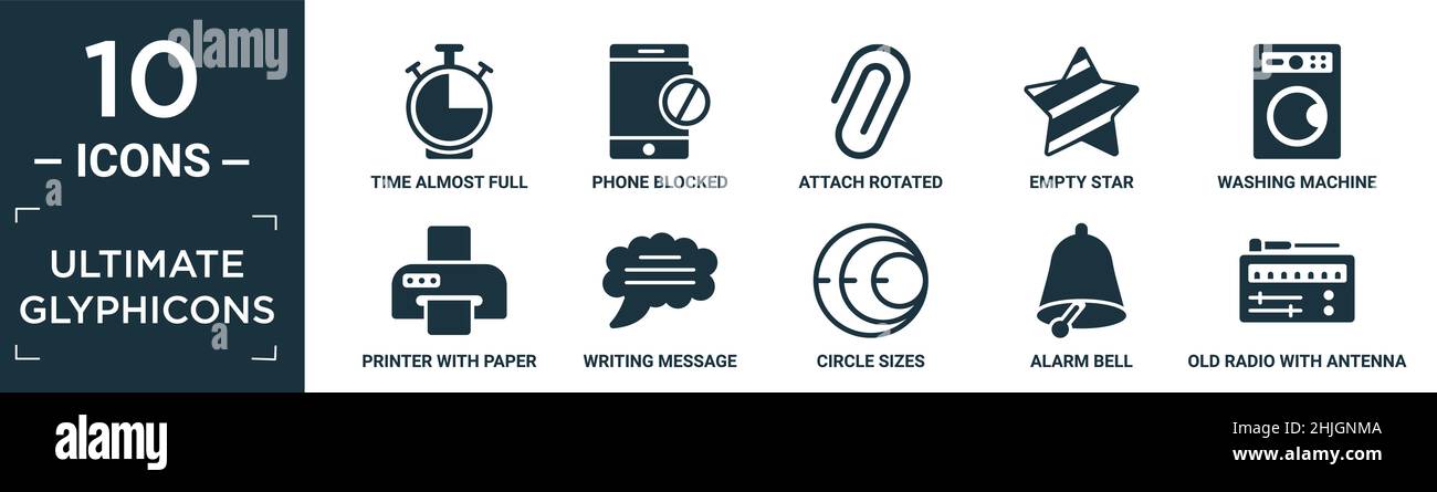 set di icone glyphicon complete ultimate. contiene tempo piatto quasi pieno, telefono bloccato, collega ruotato, stella vuota, lavatrice con punti, stampante con Illustrazione Vettoriale
