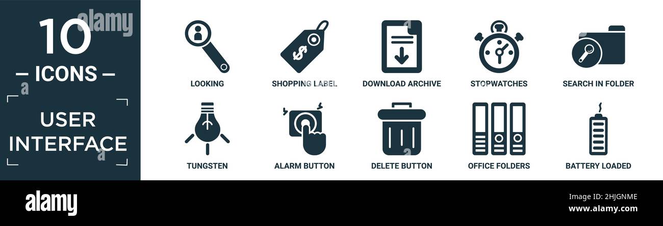 set di icone per interfaccia utente pieno. contiene aspetto piatto, etichetta per la spesa, archivio download, cronometri, ricerca in cartella, tungsteno, pulsante di allarme, elimina Illustrazione Vettoriale