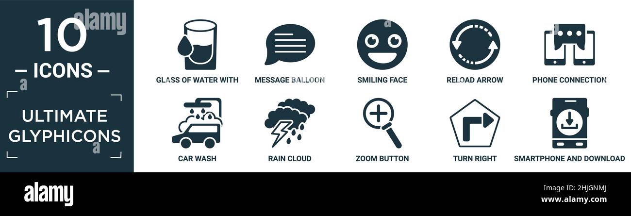 set completo di icone glyphicon finali. contiene vetro piatto di acqua con goccia, messaggio palloncino, faccia sorridente, freccia di ricarica, connessione telefonica, autolavaggio, r Illustrazione Vettoriale