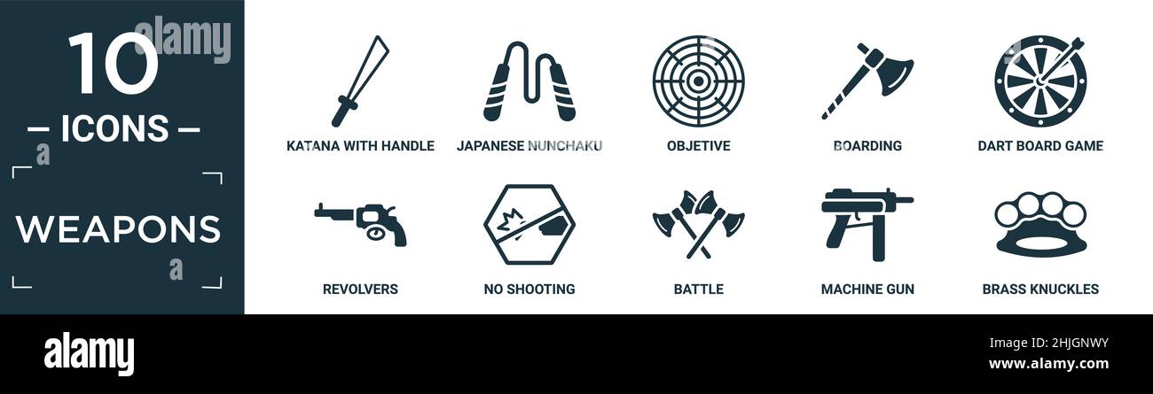 set di icone di armi piene. contengono katana piatta con manico, nunchaku giapponese, objetive, imbarco, dart gioco da tavolo, revolver, nessun tiro, battaglia, mach Illustrazione Vettoriale