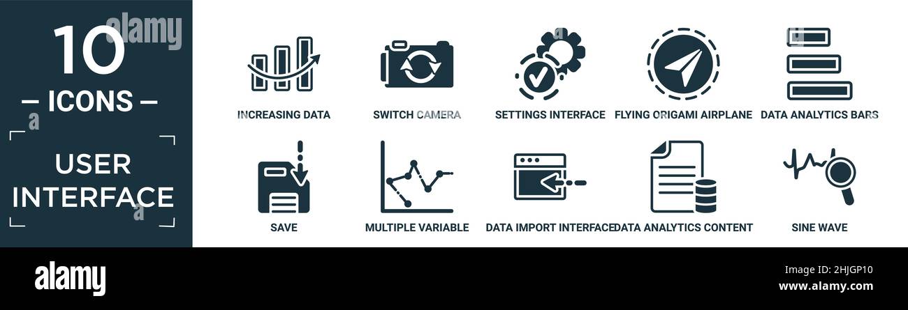 set di icone dell'interfaccia utente riempito. contiene dati in aumento, cambia telecamera, interfaccia impostazioni, aereo di volo origami, barre di analisi dati, salva, m Illustrazione Vettoriale