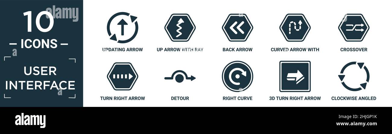 set di icone dell'interfaccia utente piene. contiene una freccia piatta di aggiornamento, una freccia su con tracciamento del raggio, una freccia indietro, una curva con linea tratteggiata, un incrocio, una svolta a destra Illustrazione Vettoriale