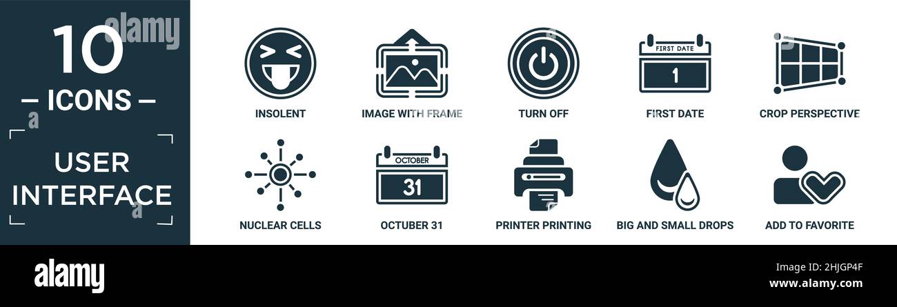 set di icone dell'interfaccia utente riempito. contiene un solente piatto, immagine con cornice, disattivare, prima data, ritagliare prospettiva, celle nucleari, octuber 31, stampante pr Illustrazione Vettoriale