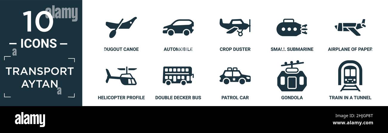 trasporto pieno aytan icona set. contiene canoe sgusciante piatto, automobile, crop duster, sottomarino piccolo, aereo di foglio di carta, profilo elicottero, dou Illustrazione Vettoriale