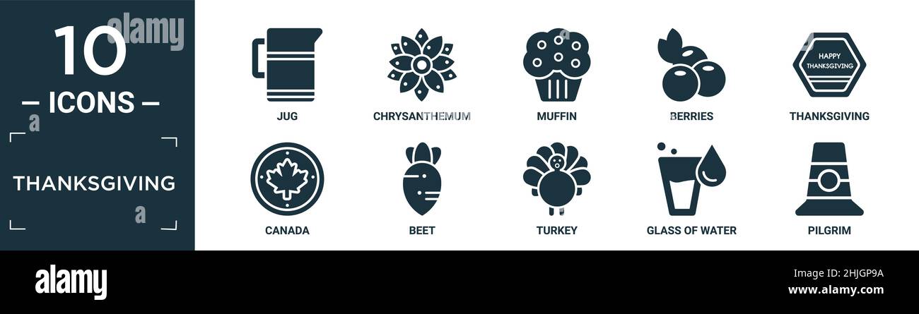 set di icone piene per il ringraziamento. contiene caraffa piatta, crisantemo, muffin, frutti di bosco, latte di grazie, canada, barbabietola, turchia, bicchiere d'acqua, icone pellegrine in e Illustrazione Vettoriale
