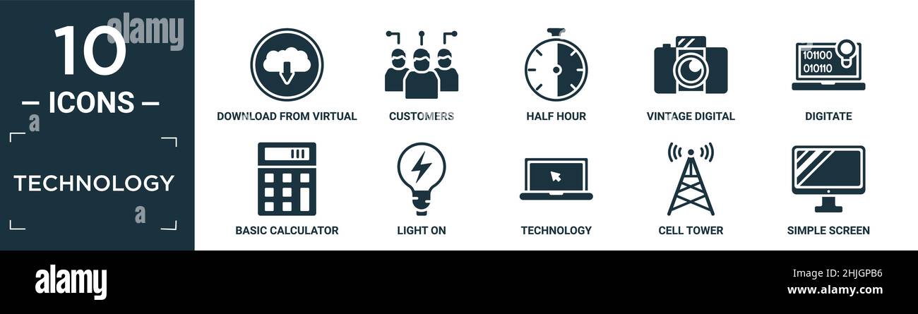 set di icone tecnologiche piene. contiene download flat da cloud virtuale, clienti, mezz'ora, fotocamera digitale vintage, digitale, calcolatrice di base, leggera Illustrazione Vettoriale