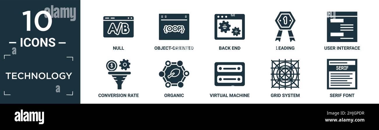 set di icone con tecnologia piena. contiene zero piatto, programmazione orientata agli oggetti, back-end, leader, interfaccia utente, ottimizzazione del tasso di conversione, organico, Illustrazione Vettoriale