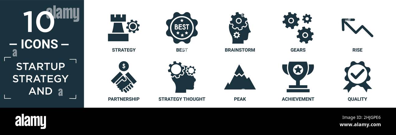 strategia di avvio piena e set di icone. contengono strategia piatta, migliore, brainstorm, ingranaggi, aumento, partnership, pensiero strategico, picco, successo, qualità Illustrazione Vettoriale