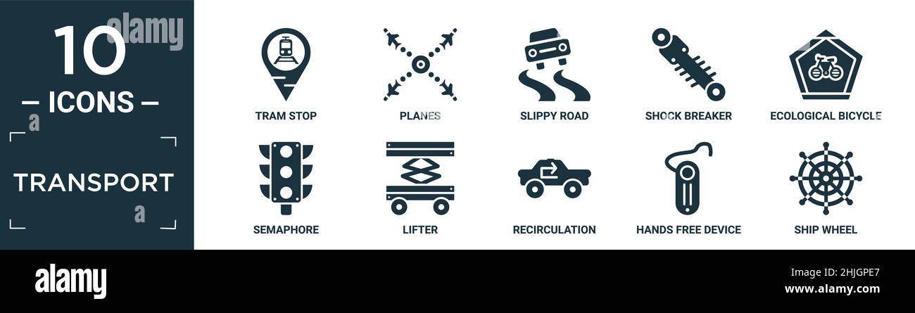 set di icone di trasporto pieno. contengono fermata del tram piatto, aerei, strada scivoloso, demolitore d'urto, trasporto ecologico di biciclette, semaforo, sollevatore, ricircolo, Illustrazione Vettoriale