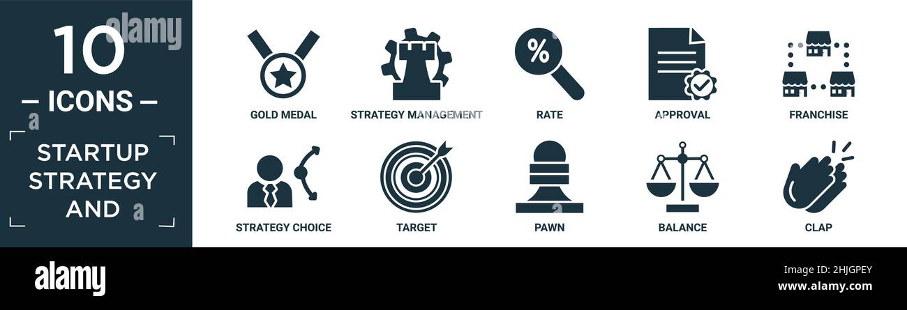 strategia di startup piena e set di icone. contengono medaglia d'oro piatta, gestione della strategia, tasso, approvazione, franchising, scelta della strategia, obiettivo, pedina, equilibrio, Illustrazione Vettoriale