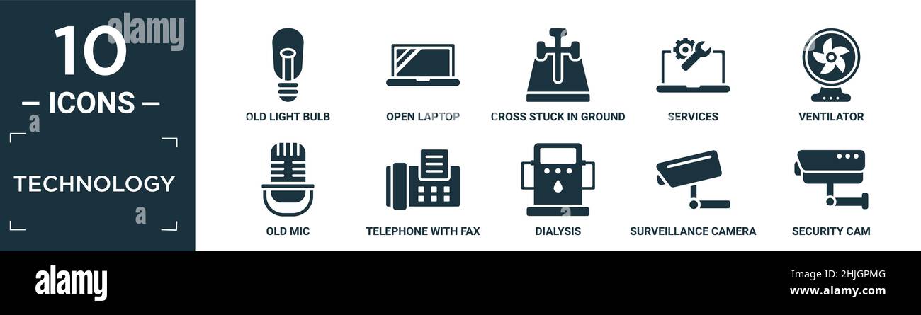 set di icone con tecnologia piena. contengono una vecchia lampadina piatta, un computer portatile aperto, una croce bloccata a terra, servizi, ventilatore, vecchio microfono, telefono con fax, dialys Illustrazione Vettoriale