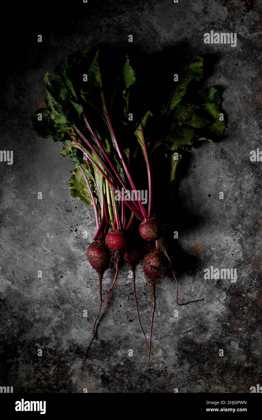 Un mazzetto di barbabietole appena raccolte su una superficie metallica afflitta Foto Stock