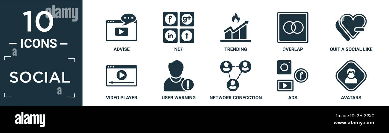 set di icone social piene. contengono consigli flat, net, trend, sovrapposizione, uscire da un social come, video player, avviso utente, connessione di rete, annunci, avatar Illustrazione Vettoriale