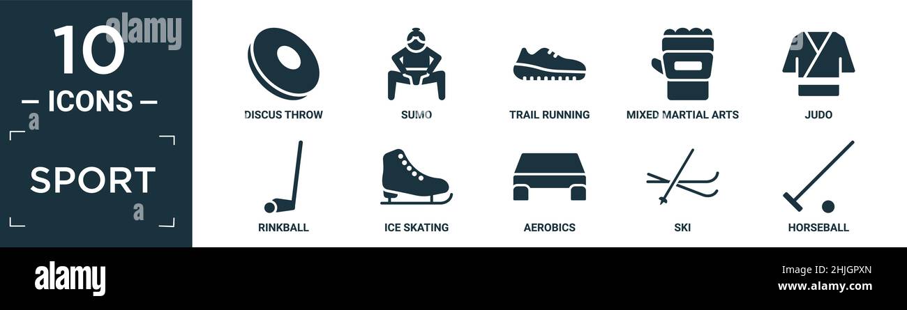 set di icone piene di sport. contengono piatto discus tiro, sumo, percorso in corso, arti marziali miste, judo, rinkball, pattinaggio su ghiaccio, aerobica, sci, icone di crine Illustrazione Vettoriale