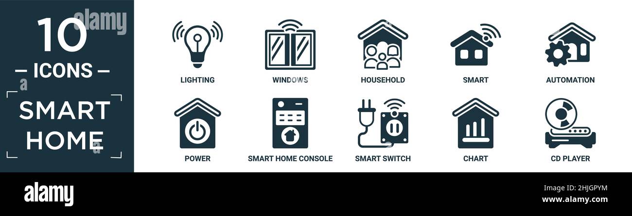 set di icone per la casa intelligente pieno. contiene illuminazione piatta, finestre, casa, intelligente, automazione, alimentazione, smart home console, smart switch, cartografia, ic lettore cd Illustrazione Vettoriale
