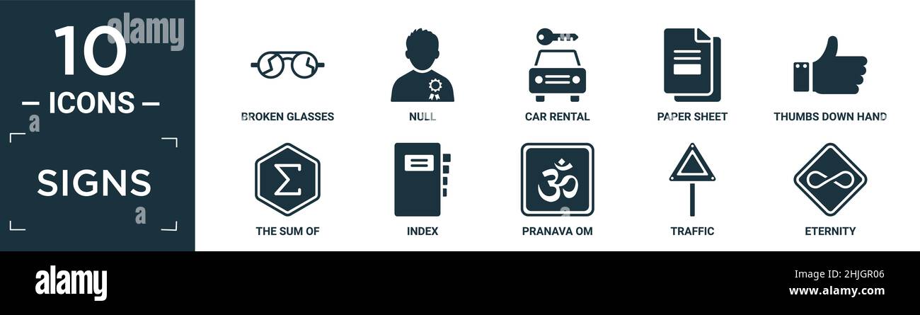 insegne piene set. contengono occhiali rotti piatti, null, noleggio auto, foglio di carta, pollici mano giù, la somma di, indice, pranava om, traffico, eternità Illustrazione Vettoriale