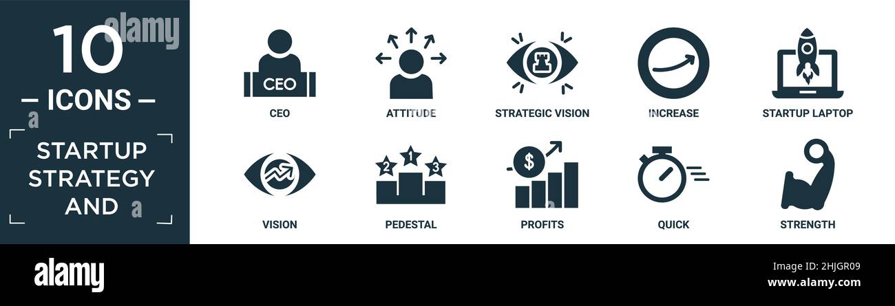 strategia di avvio piena e set di icone. contengono ceo piatto, atteggiamento, visione strategica, aumento, laptop di avvio, visione, piedistallo, profitti, veloce, streng Illustrazione Vettoriale