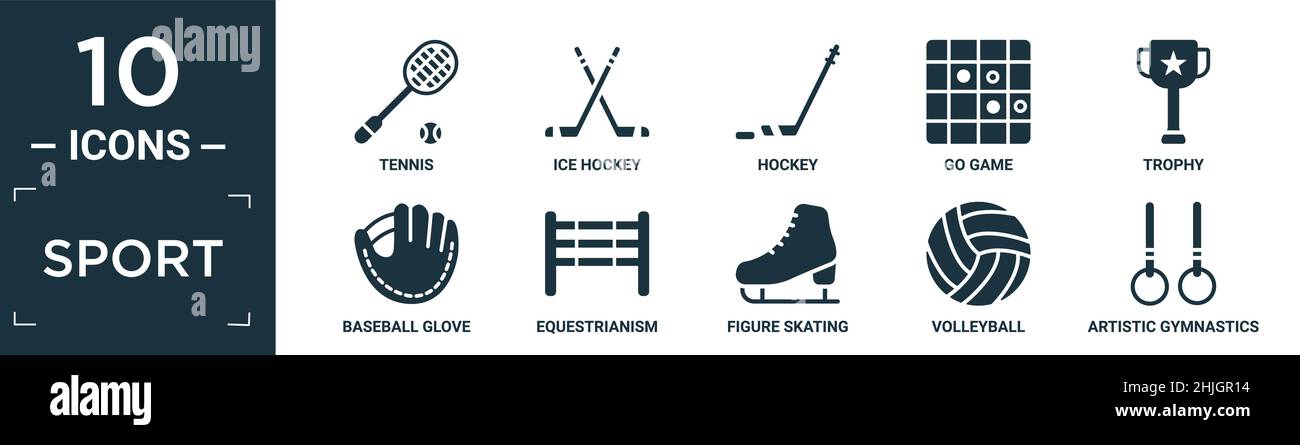 set di icone piene per lo sport. contengono flat tennis, hockey su ghiaccio, hockey, go game, trofeo, guanto da baseball, equestrianismo, pattinaggio a figure, pallavolo, g. artistico Illustrazione Vettoriale