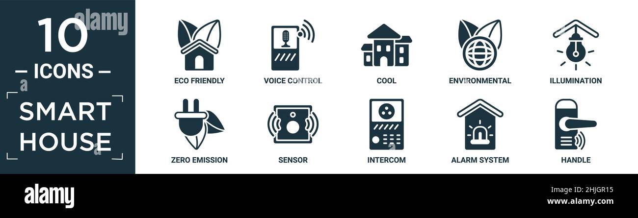 set completo di icone per case intelligenti. contiene un ambiente ecologico piatto, controllo vocale, freddo, ambientale, illuminazione, emissione zero, sensore, interfono, sistema di allarme Illustrazione Vettoriale