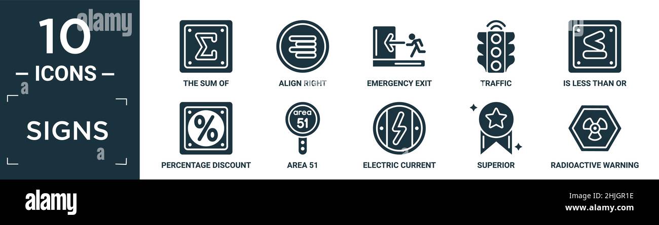 set di icone dei segnali riempiti. contenere piatto la somma di, allineare a destra, uscita di emergenza, traffico, è inferiore o uguale a, percentuale di sconto, area 51, elettrico Illustrazione Vettoriale
