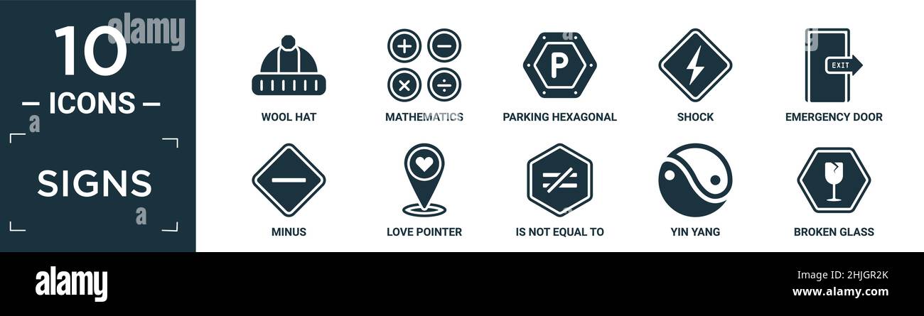 set di simboli riempiti. contengono cappello di lana piatto, matematica, parcheggio esagonale, shock, porta di emergenza, meno, puntatore di amore, non è uguale a, yin yang, b Illustrazione Vettoriale