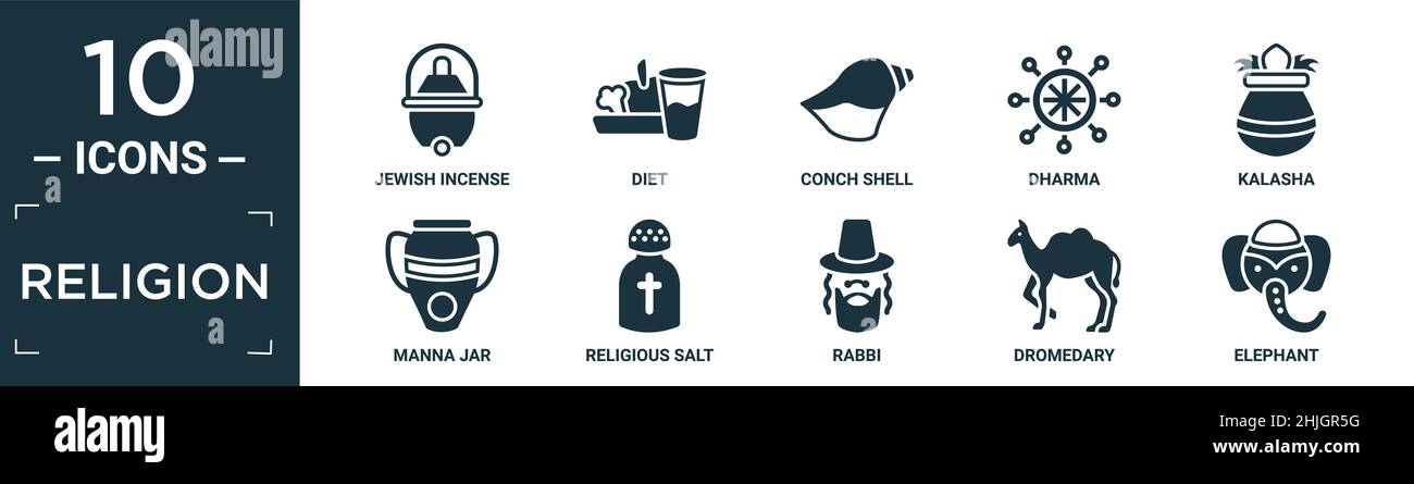 colmo religione icona set. contengono incenso ebraico piatto, dieta, conchiglie, dharma, kalasha, vaso di manna, sale religioso, rabbi, dromedario, icone elefante Illustrazione Vettoriale