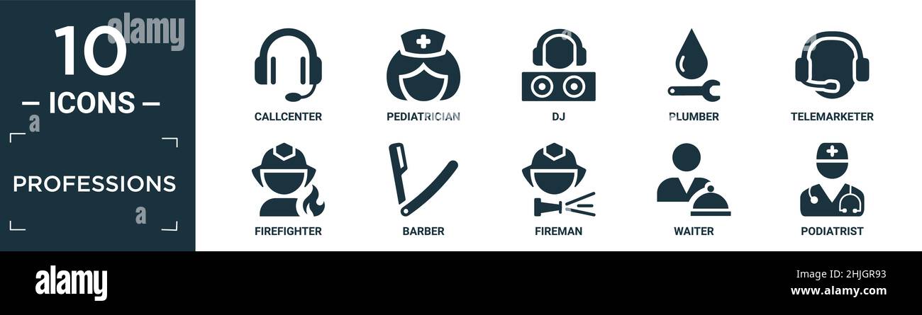 set di icone di professioni riempite. contengono callcenter piatto, pediatra, dj, idraulico, telemarketing, vigili del fuoco, barbiere, vigili del fuoco, cameriere, icone podiatriste Illustrazione Vettoriale