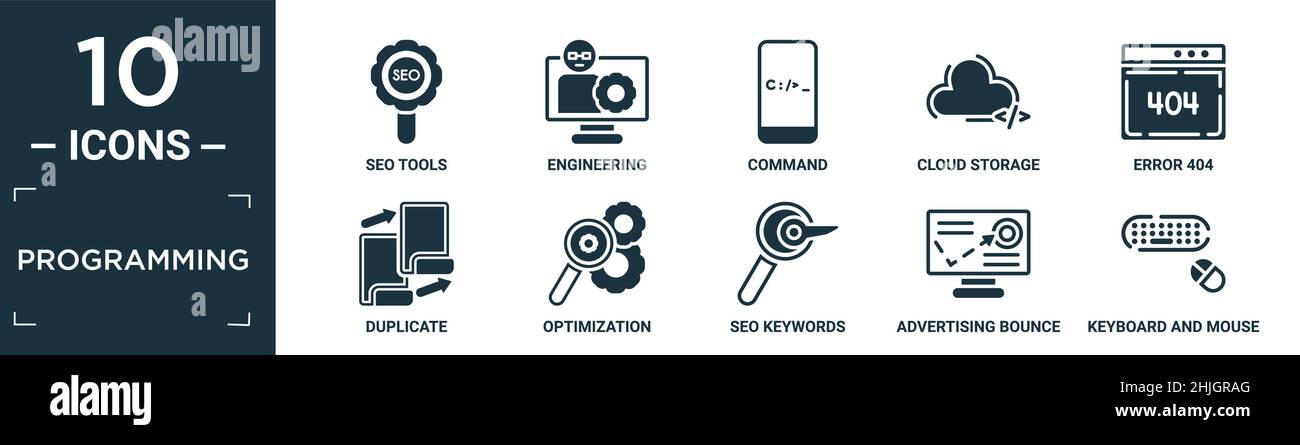 set di icone di programmazione riempito. contiene strumenti seo piatti, ingegneria, comando, archiviazione cloud, errore 404, duplicare, ottimizzare, seo keywords, advertisin Illustrazione Vettoriale