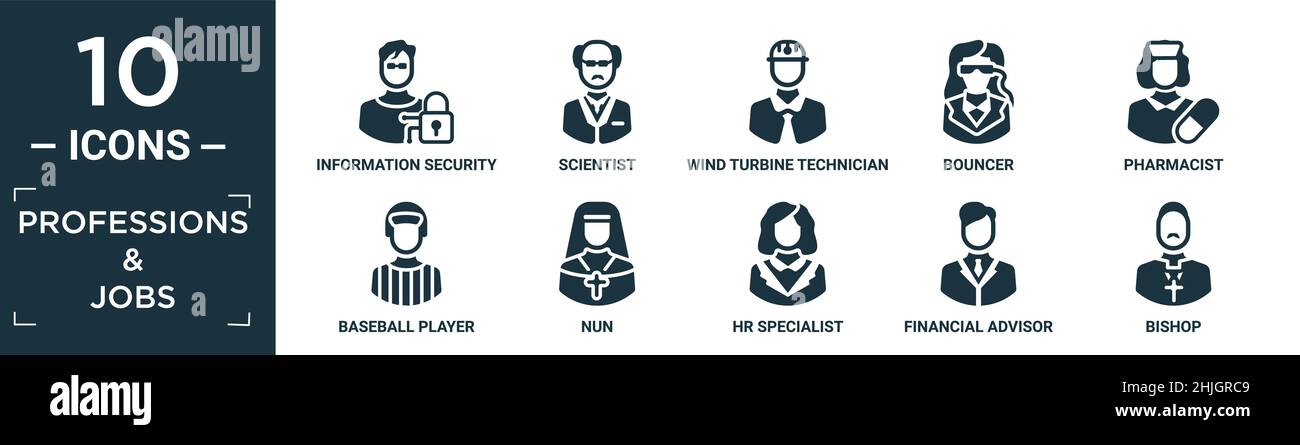 professioni e lavori riempiti icona set. contenere flat informazioni di analista di sicurezza, scienziato, tecnico turbine eoliche, rimbalzo, farmacista, gioco di baseball Illustrazione Vettoriale