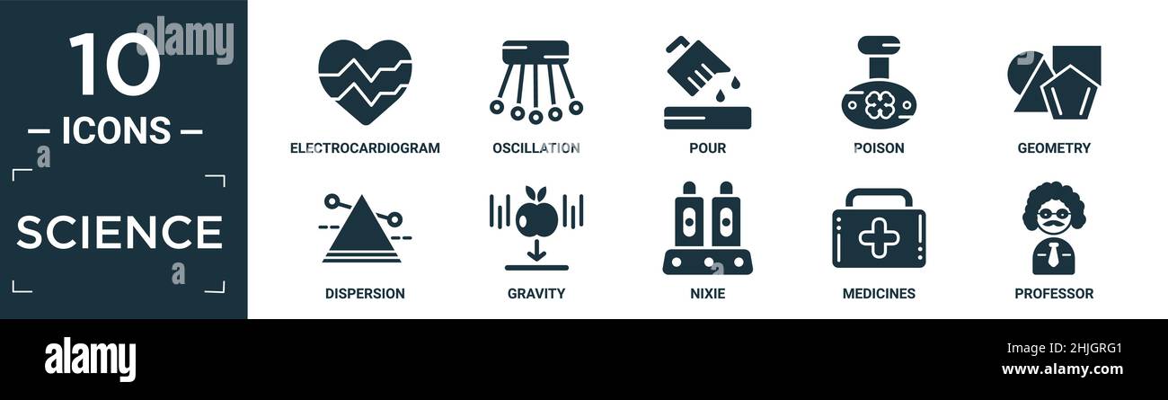 set di icone di scienza riempito. contengono elettrocardiogramma piatto, oscillazione, versamento, veleno, geometria, dispersione, gravità, nixie, medicine, icone professori i Illustrazione Vettoriale