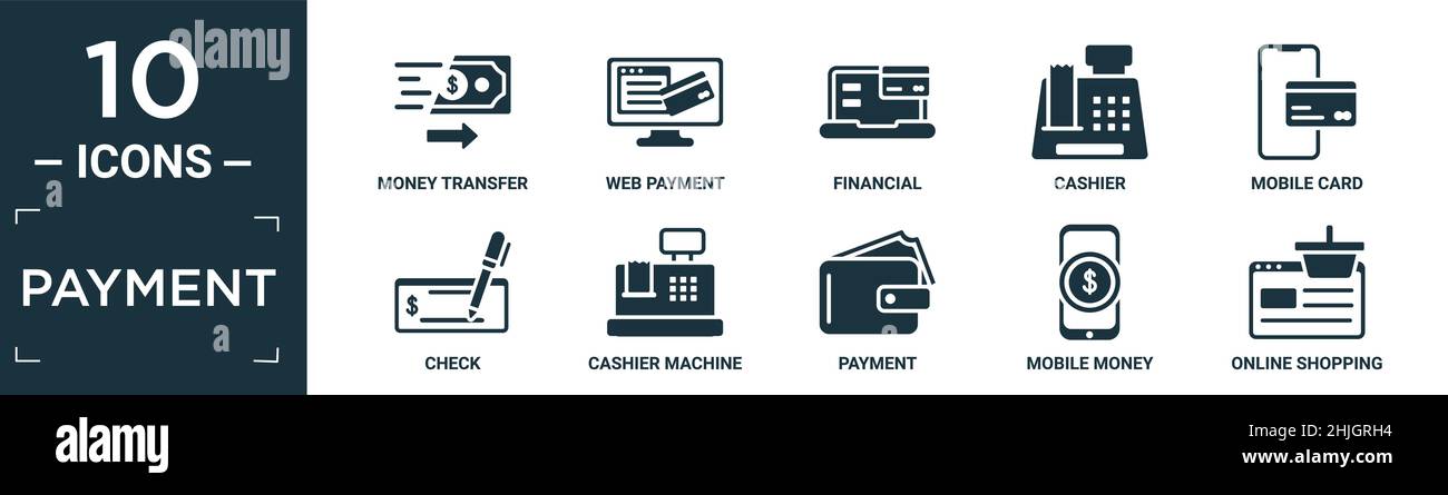 set di icone di pagamento riempito. contiene trasferimento di denaro flat, pagamento web, finanziario, cassa, carta mobile, check, cassa, pagamento, mobile money, onl Illustrazione Vettoriale
