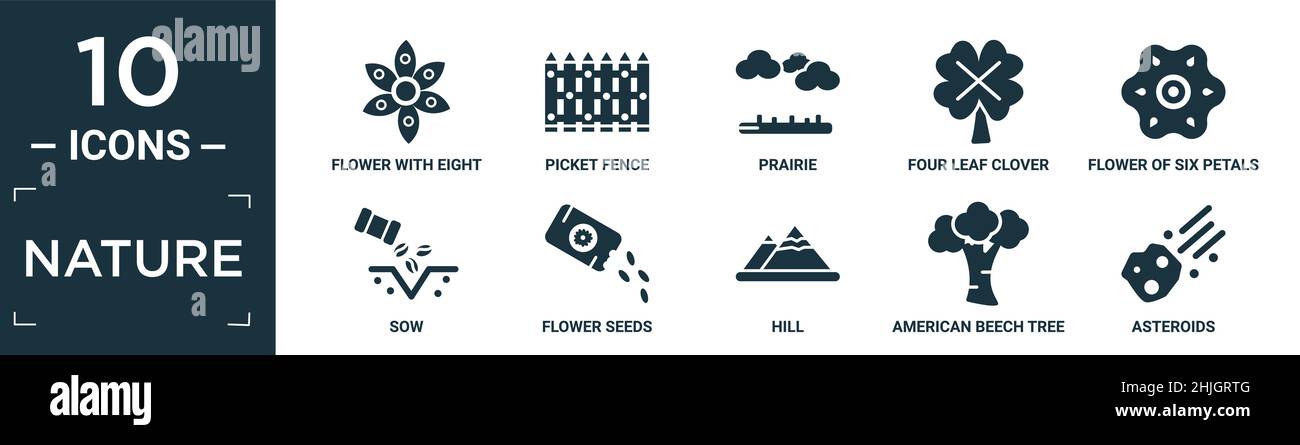 set di icone piene della natura. contengono fiore piatto con otto petali, recinzione del picket, prateria, trifoglio a quattro foglie, fiore di sei petali dal giappone, scrofa, fiore s. Illustrazione Vettoriale