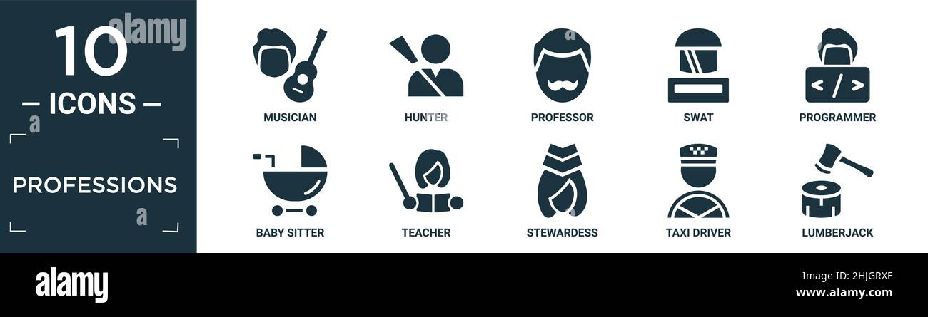 set di icone di professioni piene. contengono musicista piatto, cacciatore, professore, swat, programmatore, baby sitter, insegnante, stewardess, tassista, lumberjack ico Illustrazione Vettoriale