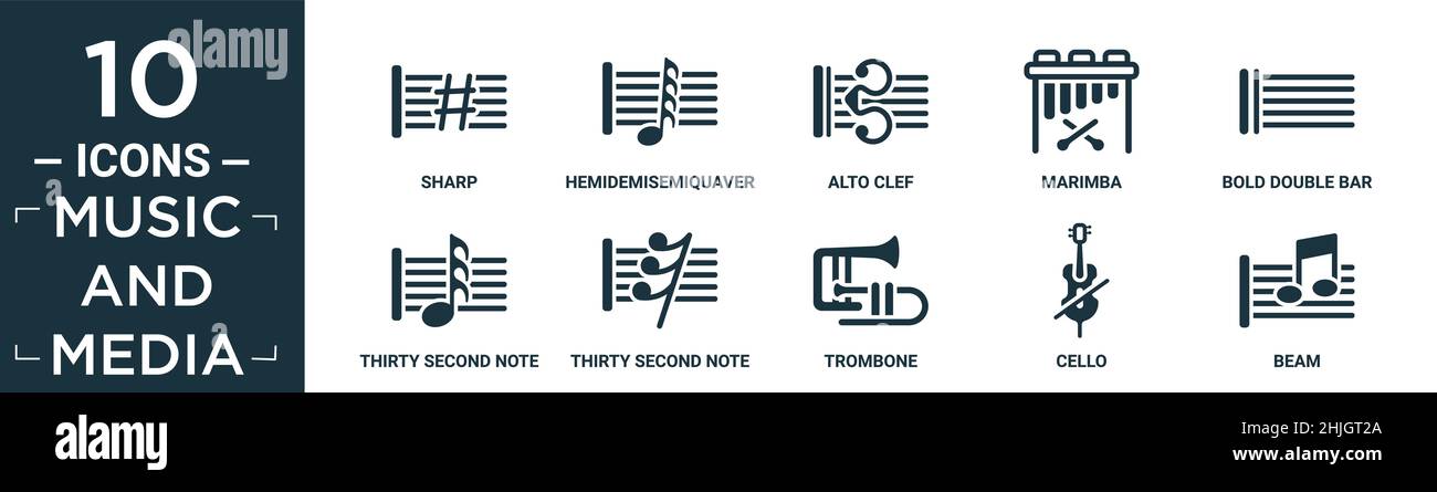musica piena e media icone set. contengono piatto affilato, hemidemisemiquaver, alto clef, marimba, grassetto doppia barra linea, trenta secondi nota, trenta secondi n Illustrazione Vettoriale