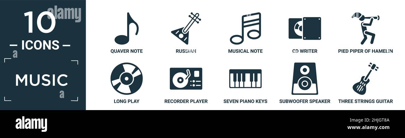 set di icone di musica piena. contiene una nota di saver piatto, russo, nota musicale, masterizzatore cd, pied piper di hamelin, long play, registratore, sette tasti pianoforte Illustrazione Vettoriale
