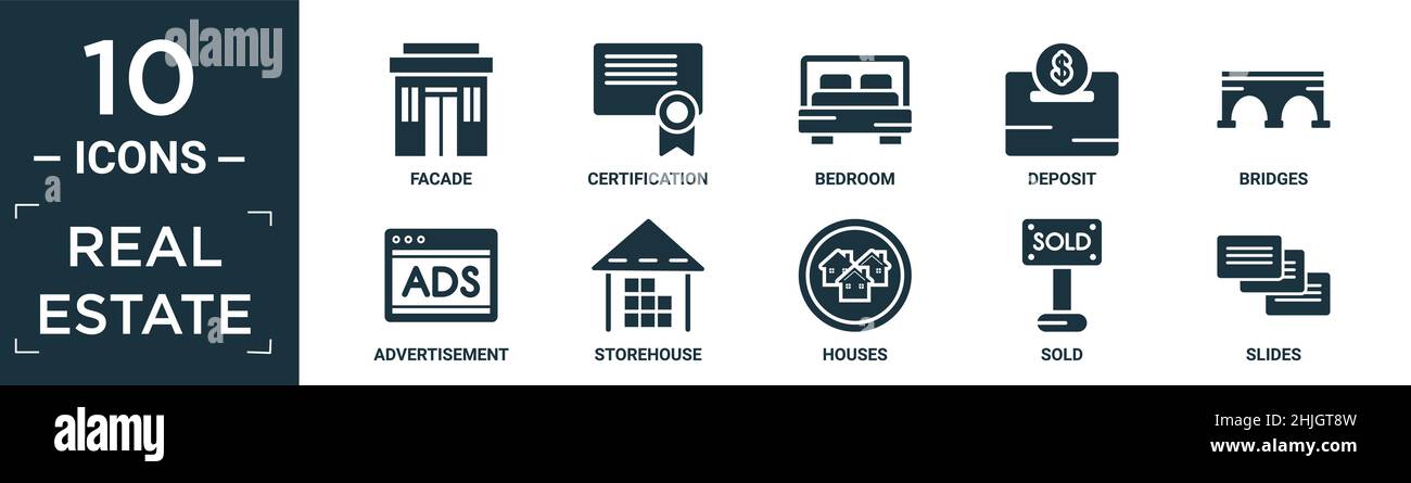 pieno di icona immobiliare set. contenere facciata piatta, certificazione, camera da letto, deposito, ponti, pubblicità, negozio, case, venduti, diapositive icone in e Illustrazione Vettoriale